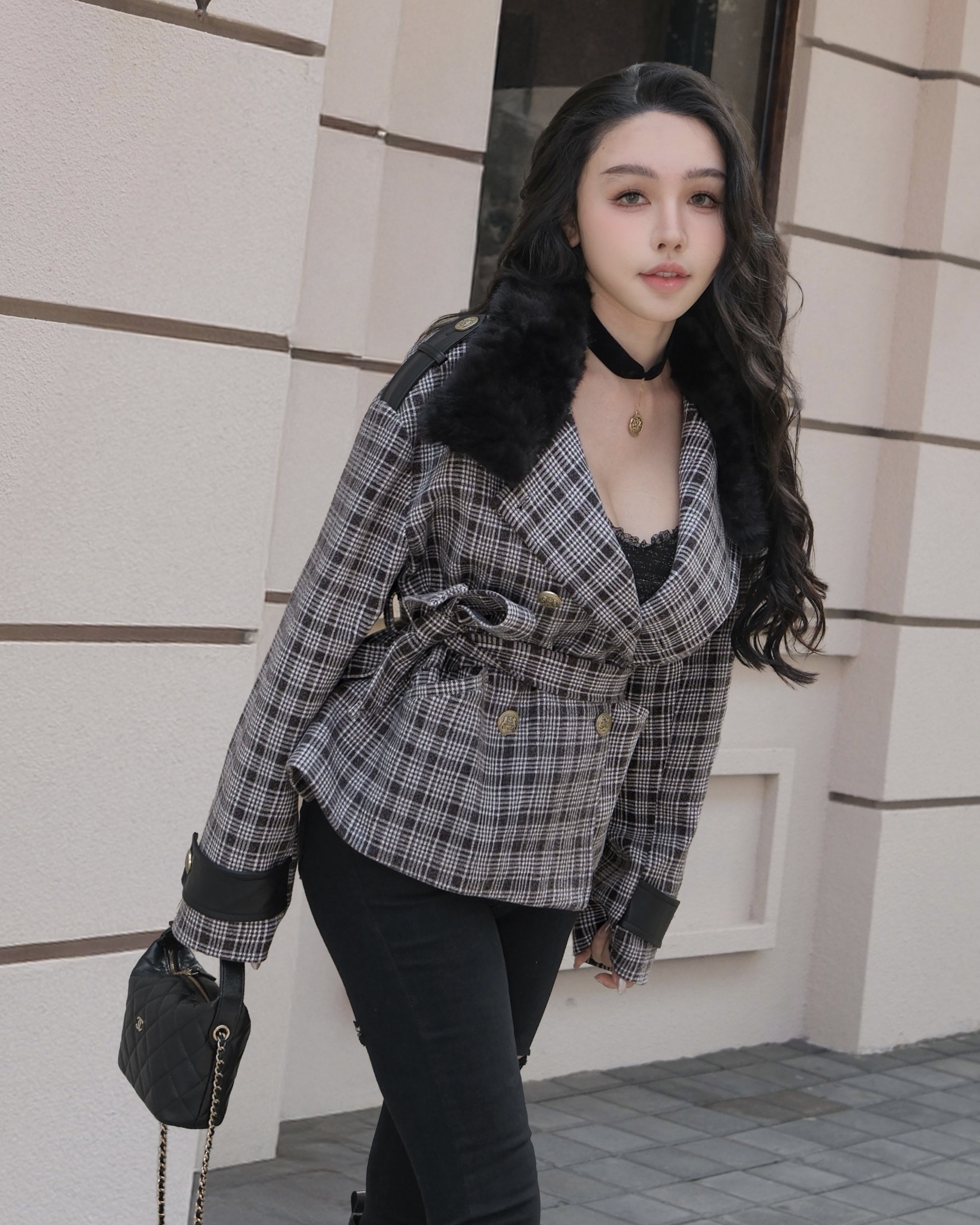 訂製-個性毛呢格紋皮革毛領外套