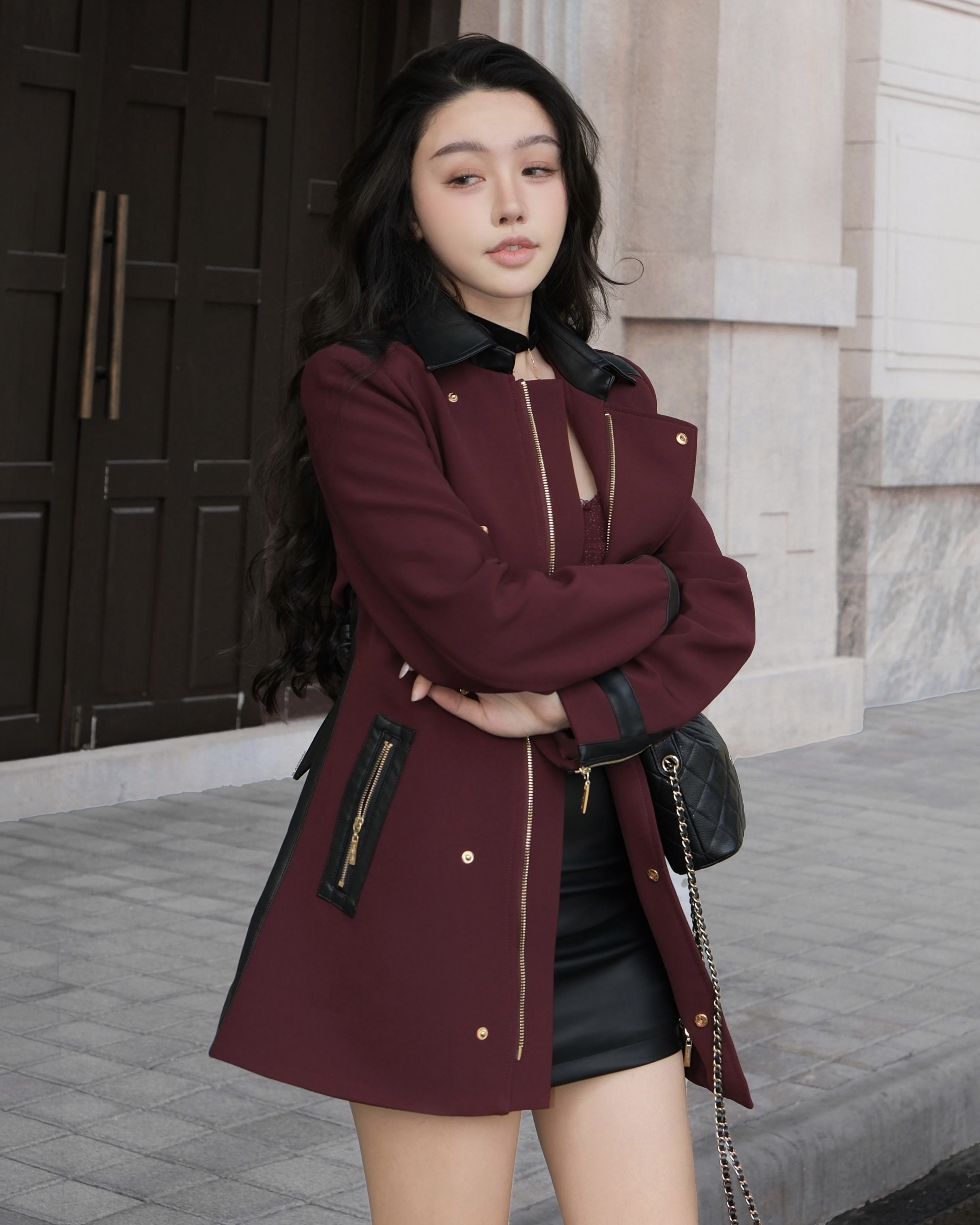 訂製-個性拼接皮革撞色風衣外套