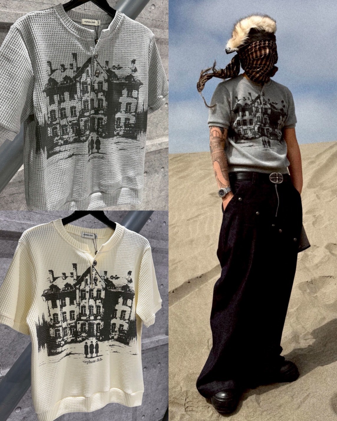 Orphans Club 華夫格 亨利領卯釘釦 大房子Logo份量感短袖 ‘’ Waffle Knit Snap-Button Henley Tee ‘’