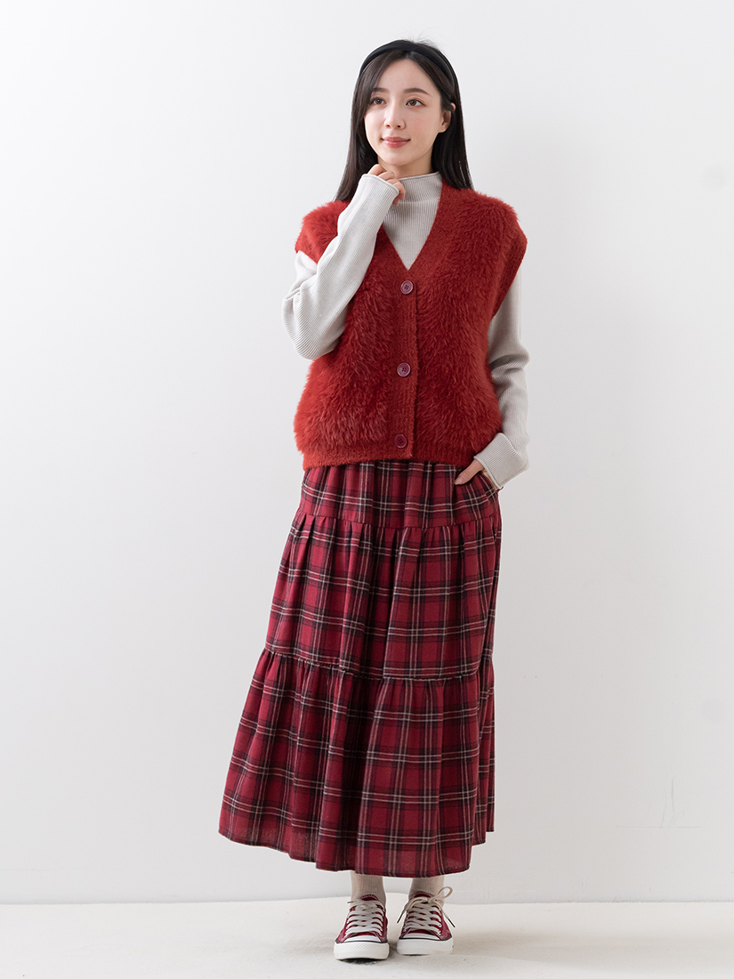 絨毛針織背心落肩針織上衣格紋蛋糕長裙組合