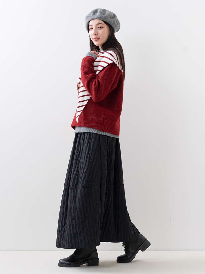 條紋針織上衣蕾絲針織外套鋪棉花苞裙組合