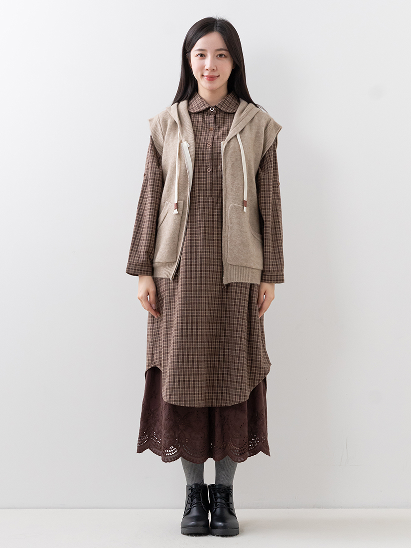 連帽針織背心輕磨毛洋裝繡花柔軟寬褲組合