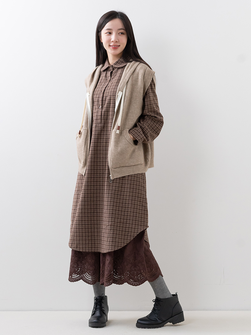 連帽針織背心輕磨毛洋裝繡花柔軟寬褲組合