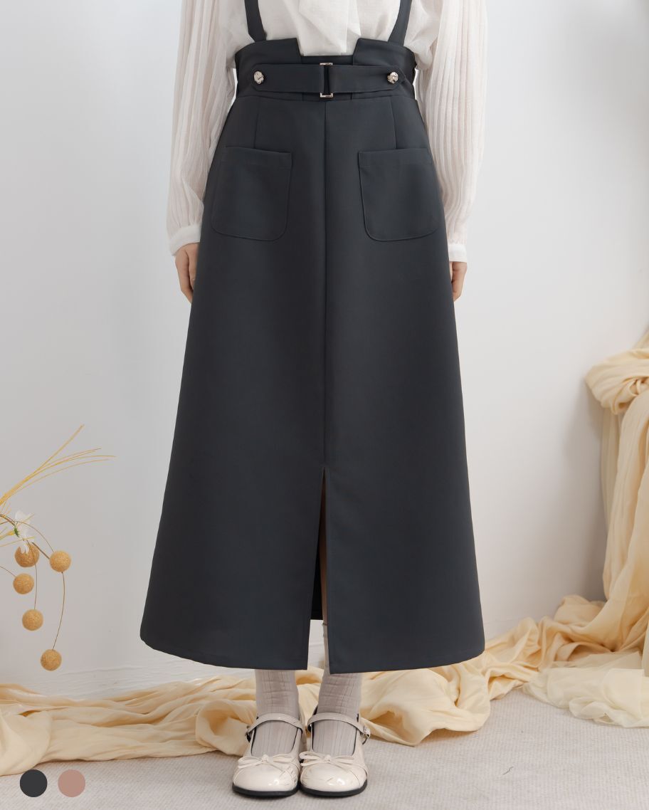 簡約反折腰帶兩穿吊帶裙