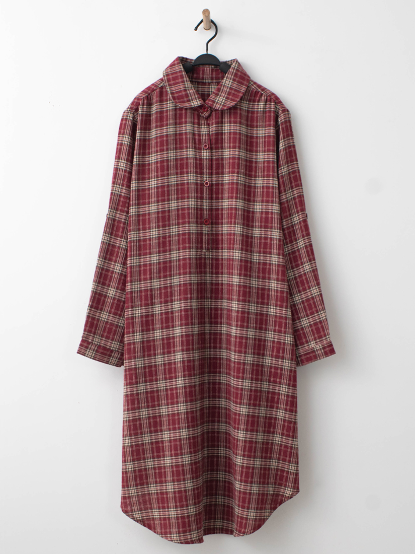 法蘭絨格紋洋裝繡花純棉寬褲