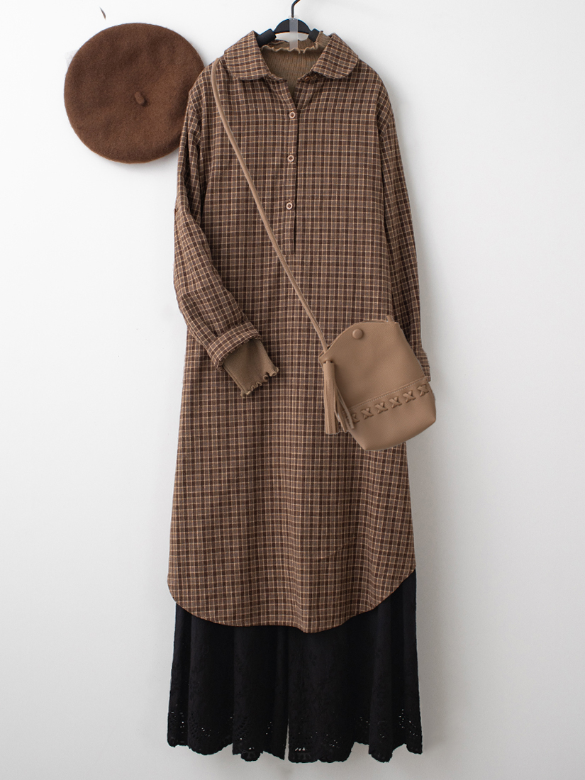 輕磨毛格紋洋裝繡花純棉柔軟寬褲