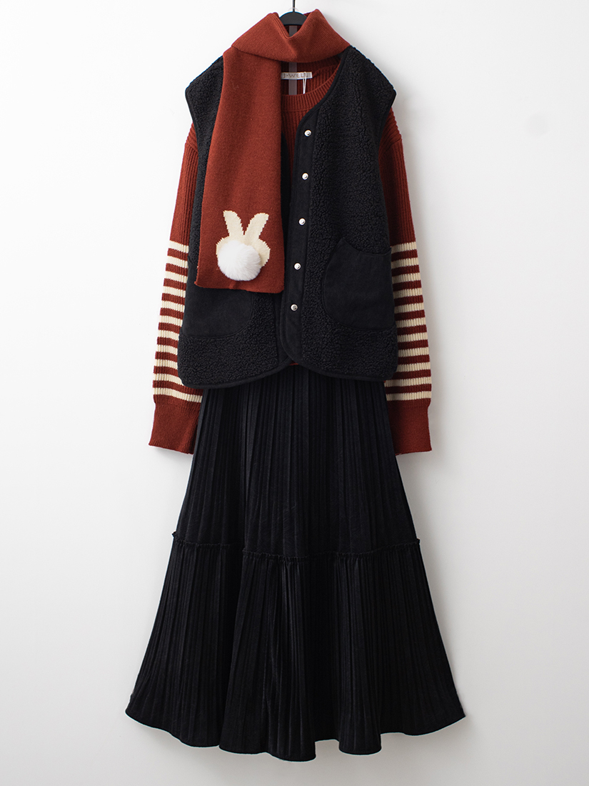 條絨口袋背心條紋針織毛衣剪接壓褶絨裙