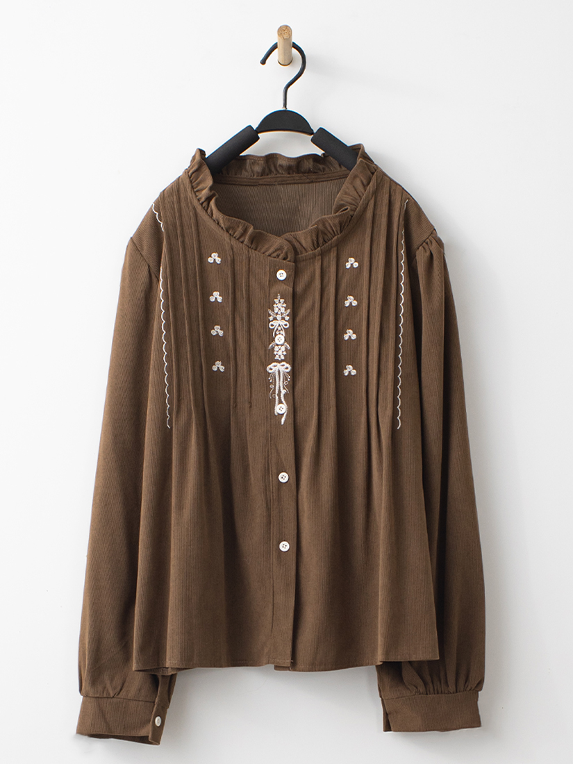 繡花壓褶荷葉條絨上衣後開衩條絨直筒長裙