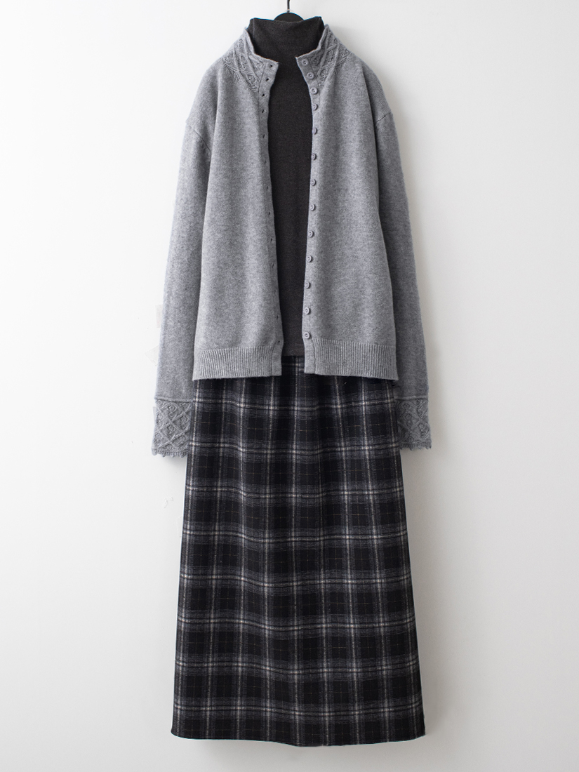 蕾絲棉柔針織外套磨毛棉絨內搭格紋開衩長裙
