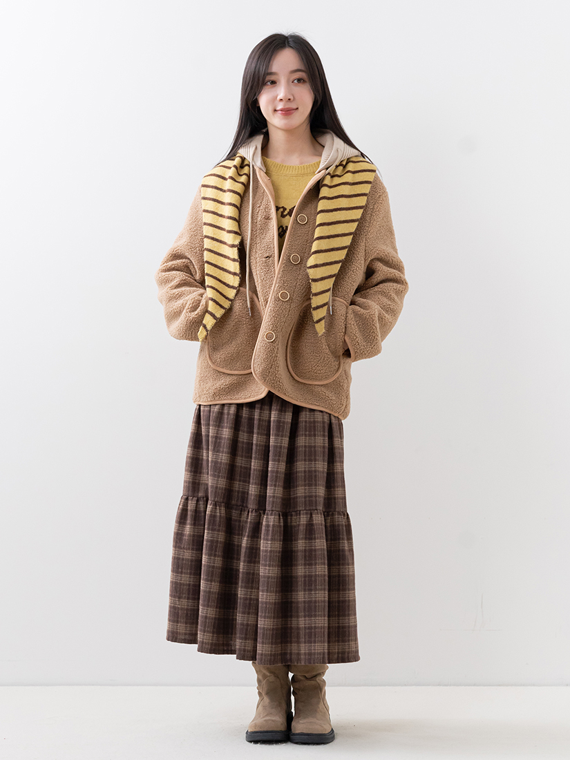 針織連帽外套條紋針織上衣法蘭絨蛋糕長裙組合