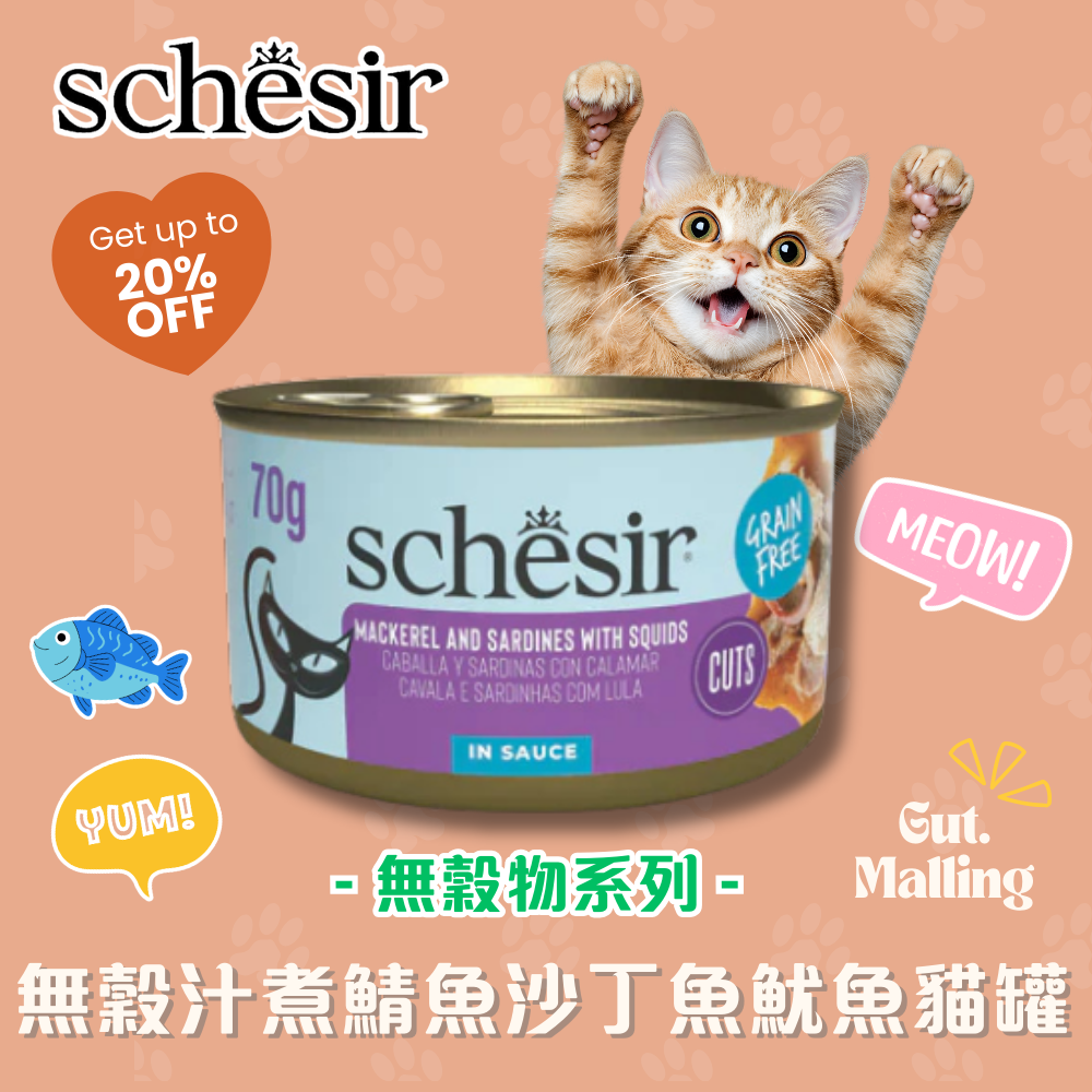 Schesir - 無穀汁煮鯖魚沙丁魚魷魚貓罐頭70g|最平$13.5/罐