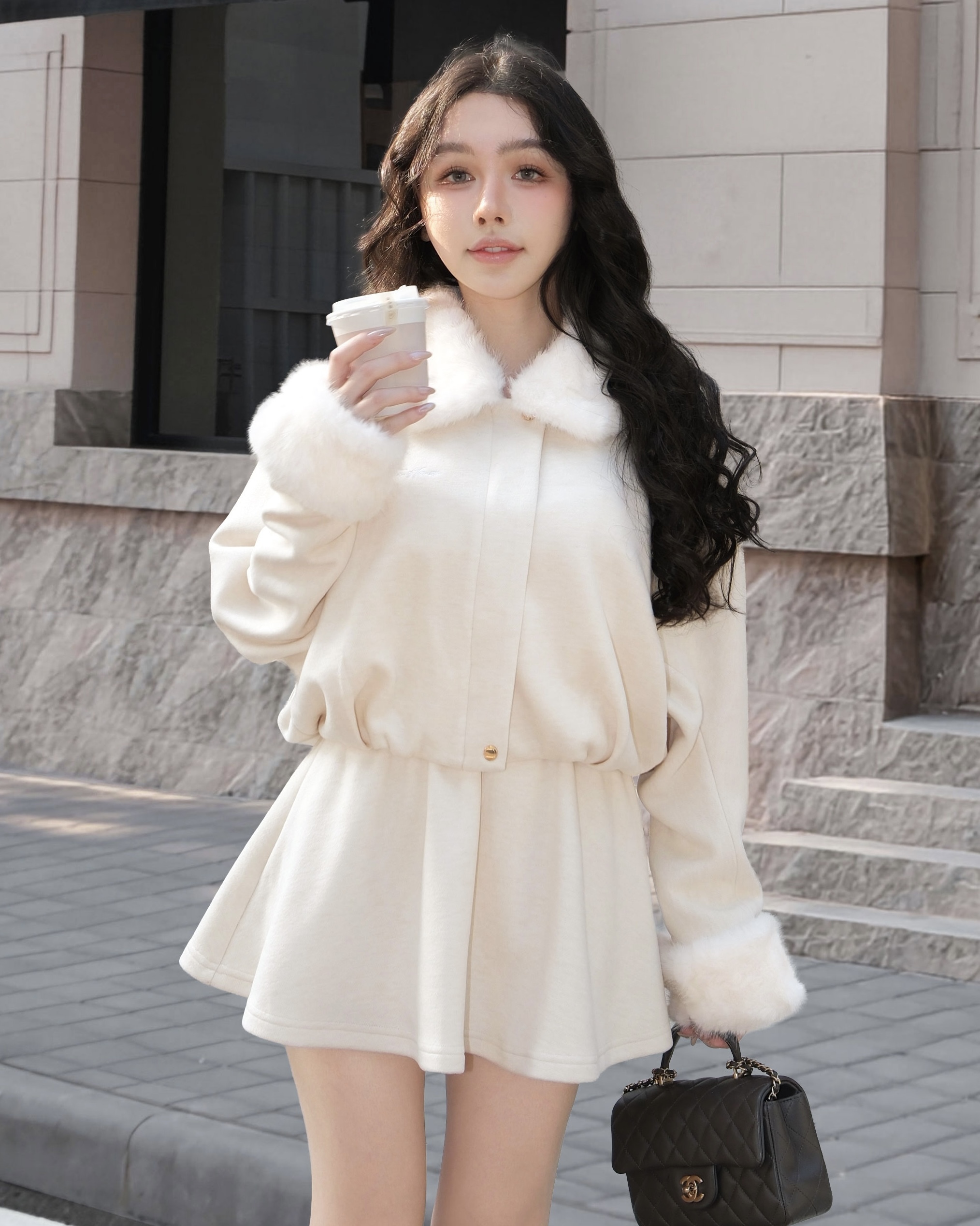 訂製-休閒毛領泡泡傘裙套裝