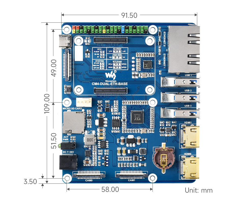 樹莓派,CM4,雙千兆乙太網路擴充板,尺寸規格