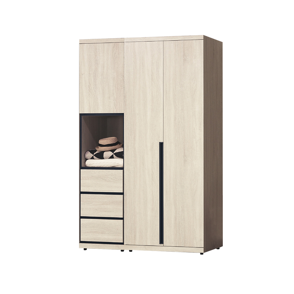 柏蒂家居-伯克4.2尺三門三抽衣櫃組合(單吊桿)