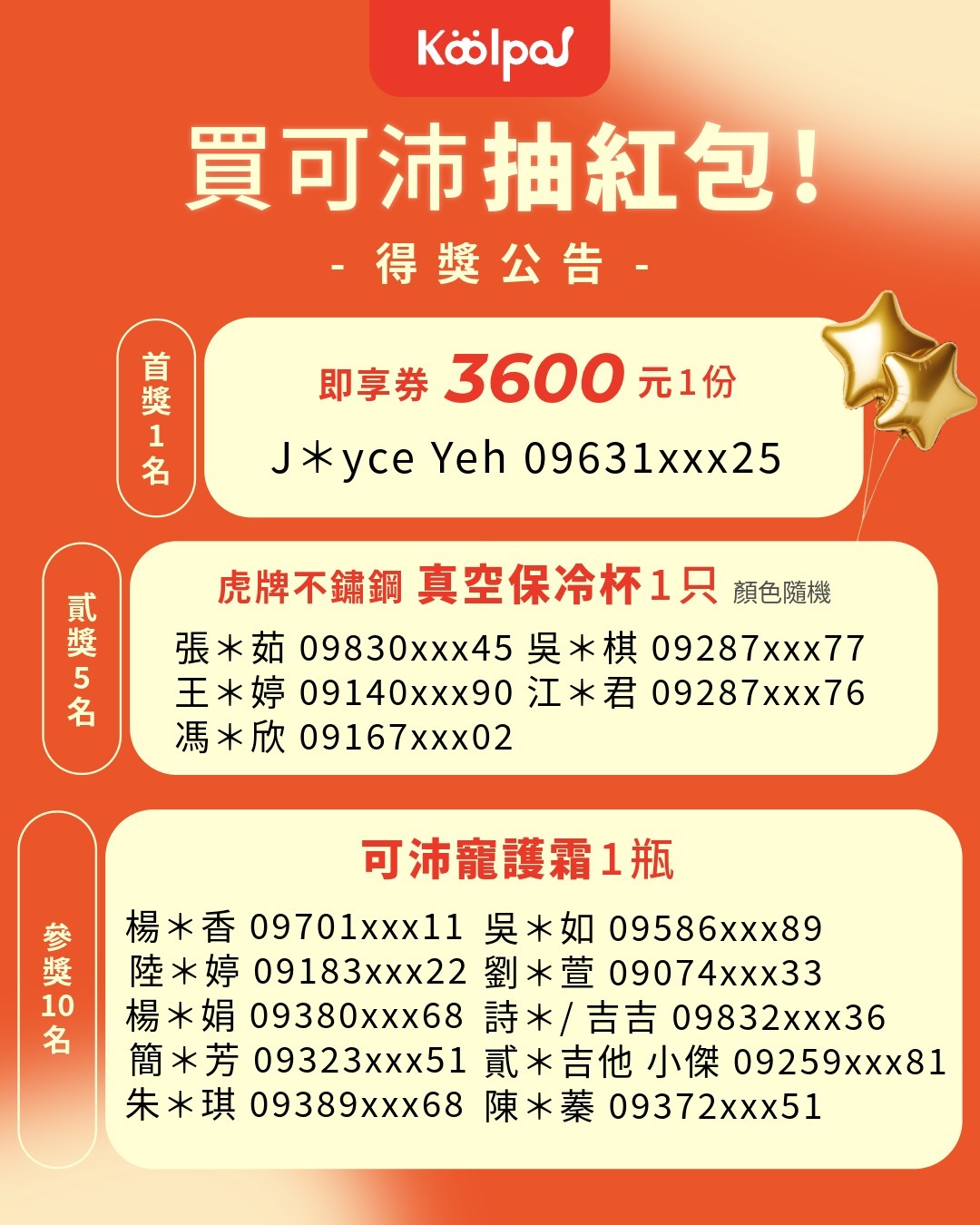 可沛抽獎得獎公告