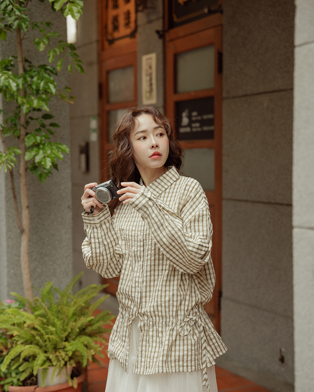 格纹抽绳造型长版设计衬衫 两色售【01025746】现+预