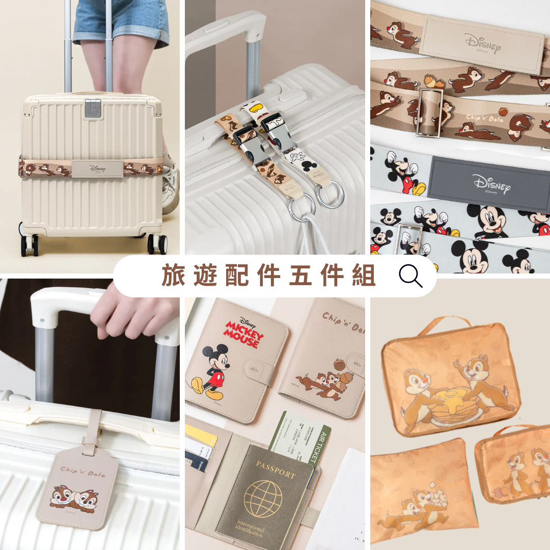 旅遊配件五件組【Disney 正版授權】(行李束帶+行李掛環+行李吊牌+護照套+輕便旅遊收納袋三件組)
