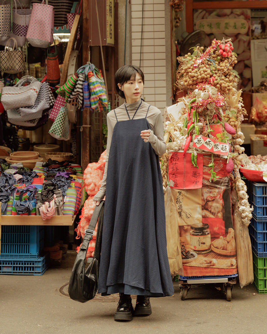 双层透纱格纹细肩长洋装附绑带 两色售【01087260】现+预