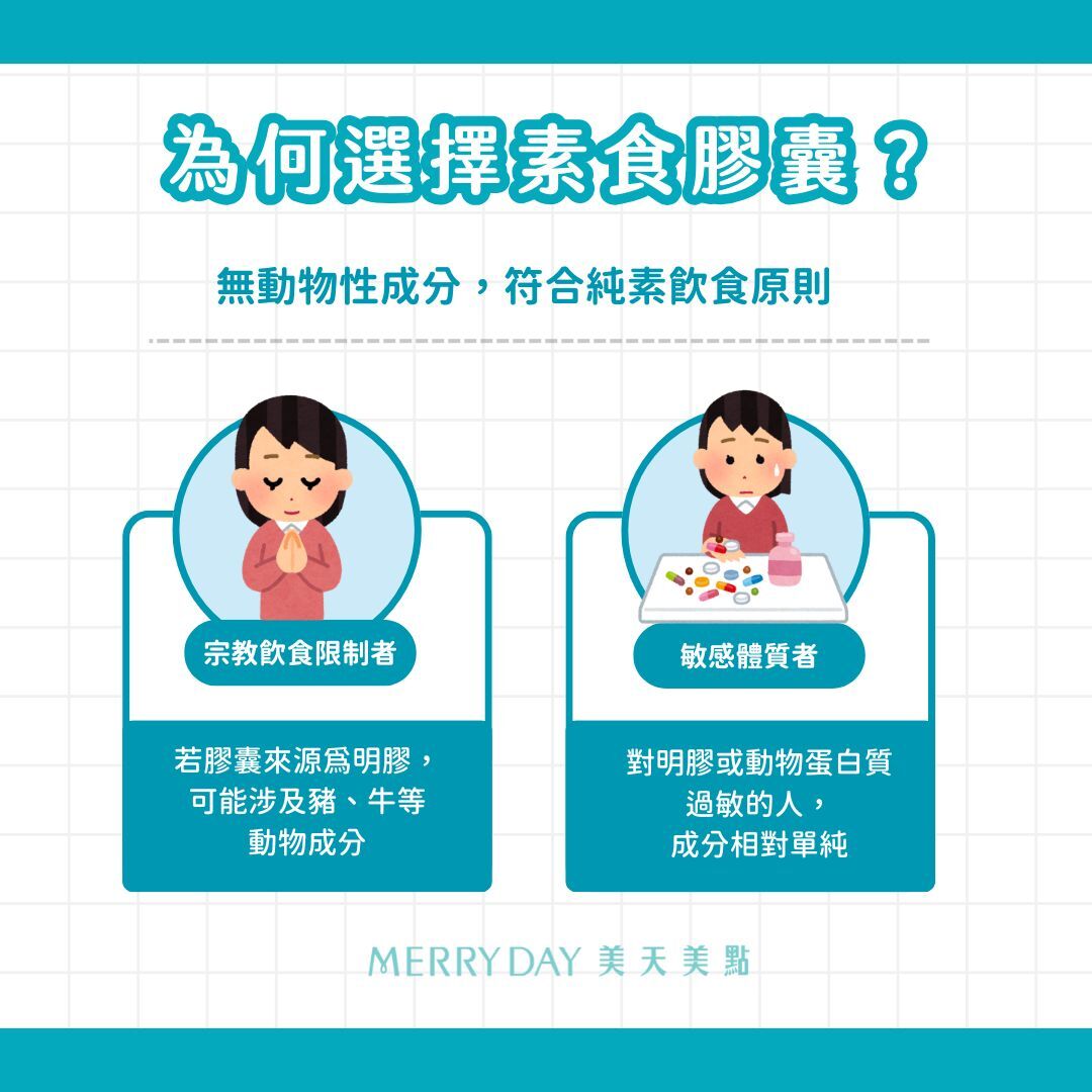 無動物性成分，符合純素飲食原則 市售許多膠囊劑型的保健品採用明膠製成，其原料主要來自動物的結締組織或骨骼，屬於動物性蛋白質。  植物性膠囊則多以植物纖維素提煉製成，讓茹素者也能安心補充營養。