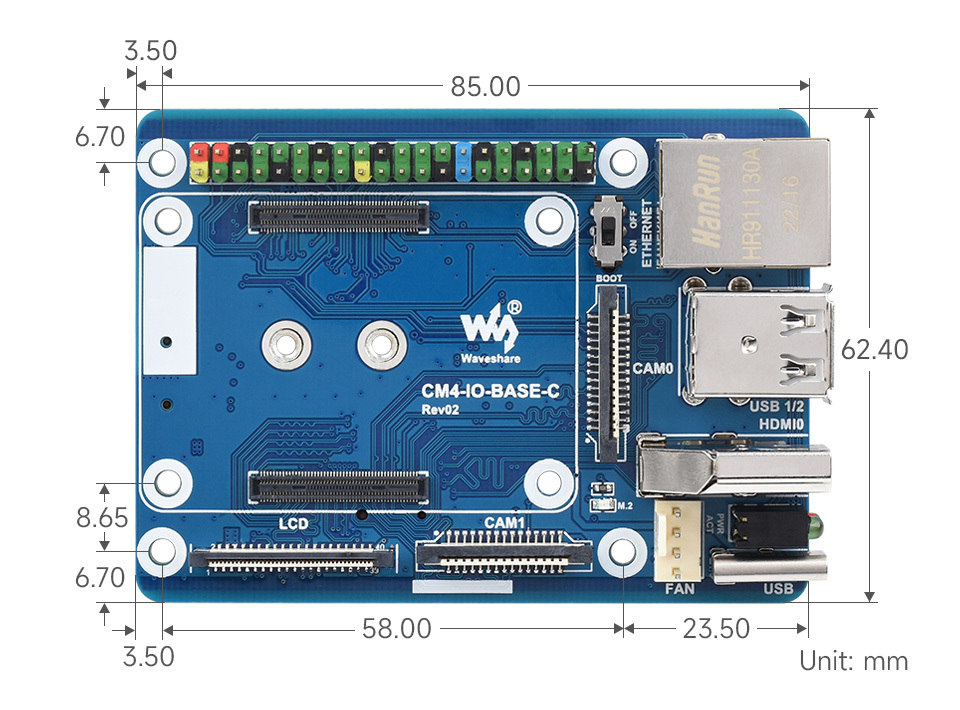 CM4 Mini 基礎擴充板,進階版,尺寸規格