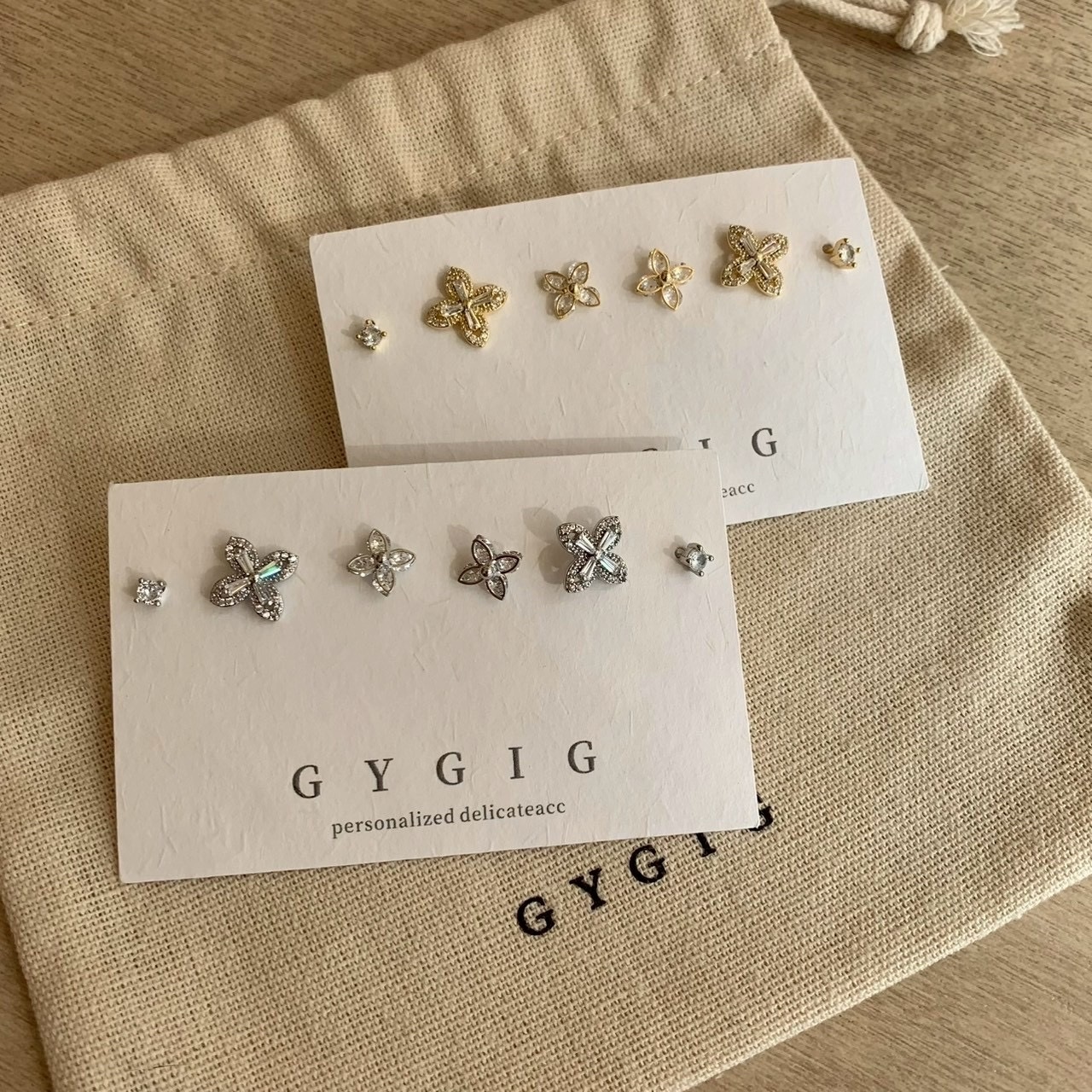 Gy”金銀鑽小老花瓣”6件組高cp值耳釘