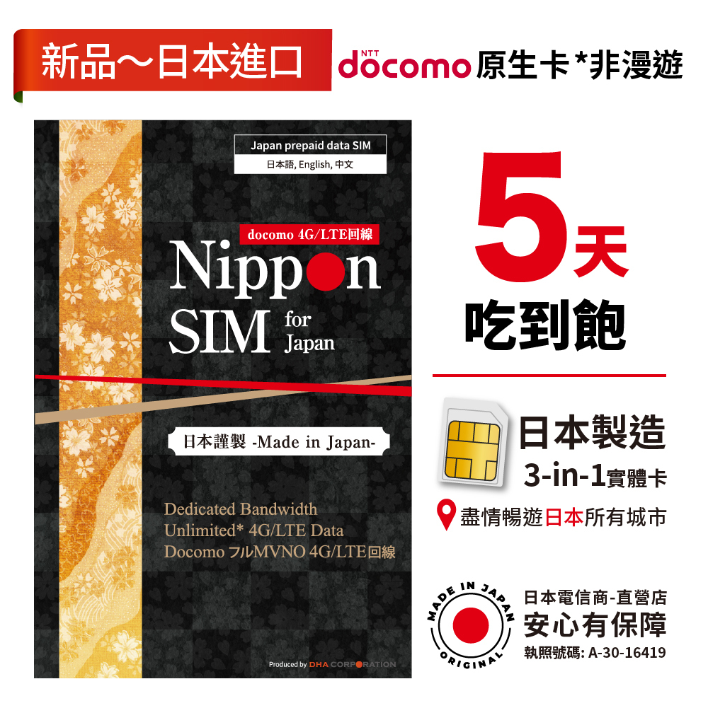 Nippon SIM - 日本eSIM docomo 5日 無限上網 當地非漫遊 4G LTE上網卡數據卡SIM卡電話咭