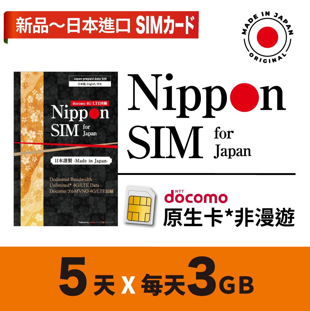 Nippon SIM - 日本eSIM docomo 5日 無限上網 當地非漫遊 4G LTE上網卡數據卡SIM卡電話咭