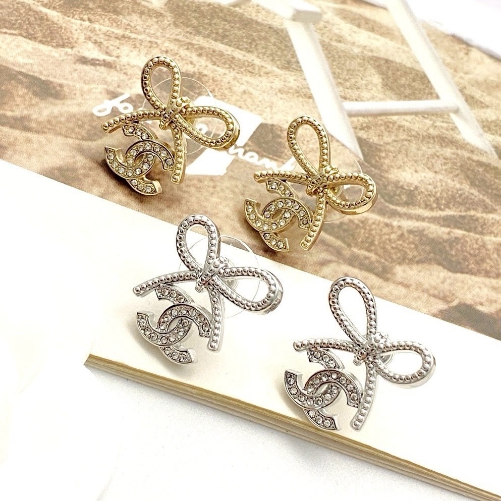 18k 香奶奶”25k緞帶蝴蝶結雙c鑽高奢定製耳釘