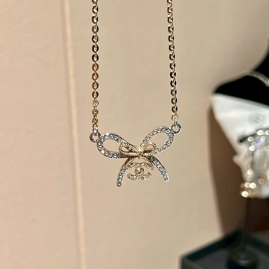 18k 香奶奶25k”淡金銀滿鑽細緞帶蝴蝶結/高奢定製項鍊