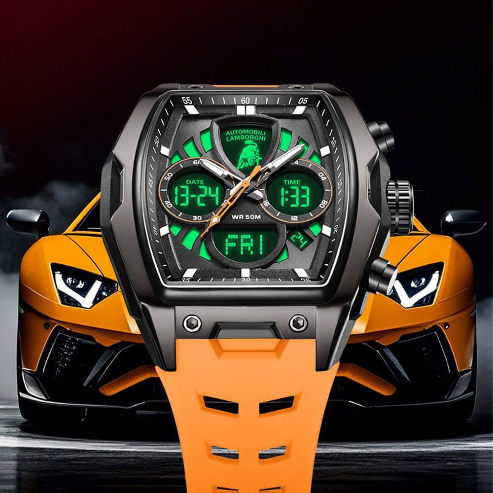 【Lamborghini 藍寶堅尼】 TMLA035系列 橘色 酒桶 雙顯 夜光 鬧鐘 星期 日期 石英 手錶