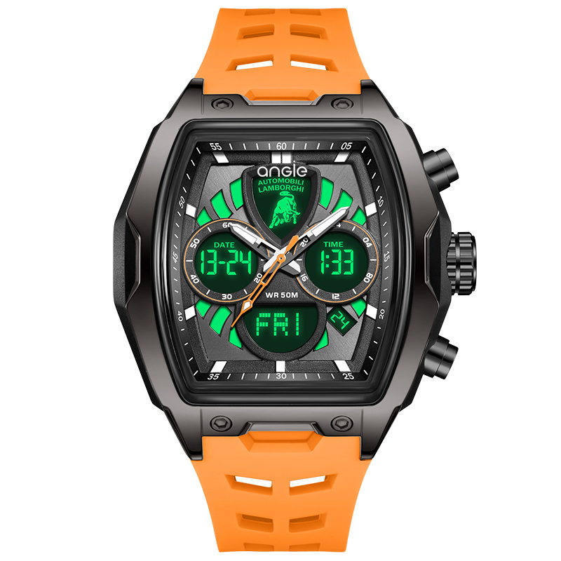 【Lamborghini 藍寶堅尼】 TMLA035系列 橘色 酒桶 雙顯 夜光 鬧鐘 星期 日期 石英 手錶