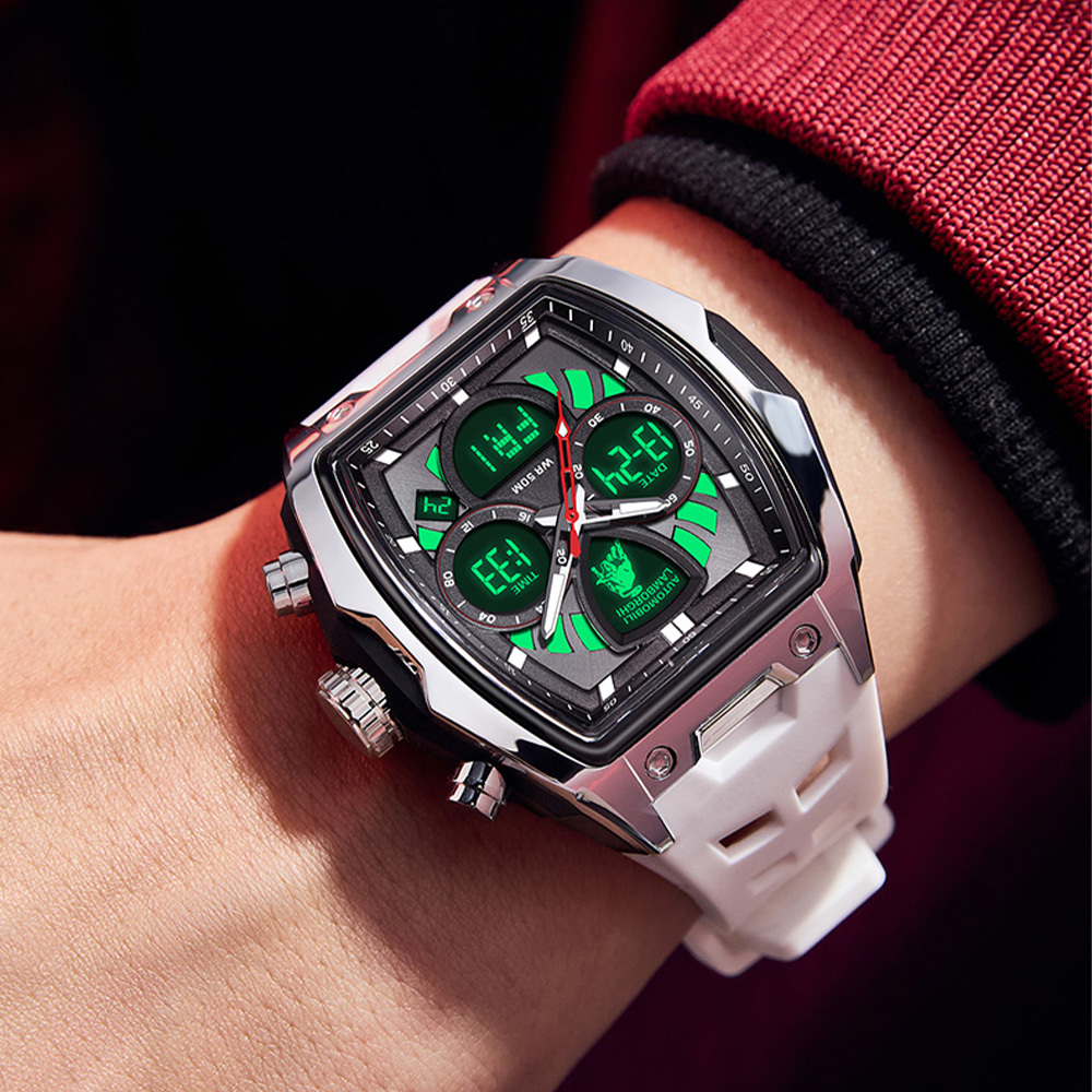 【Lamborghini 藍寶堅尼】 TMLA035系列 白色 酒桶 雙顯 夜光 鬧鐘 星期 日期 石英 手錶