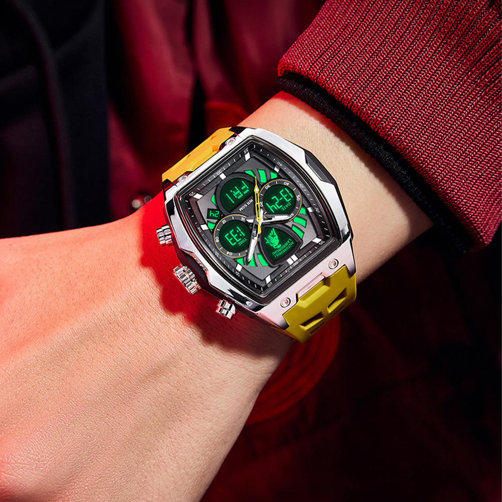 【Lamborghini 藍寶堅尼】 TMLA035系列 黃色 酒桶 雙顯 夜光 鬧鐘 星期 日期 石英 手錶