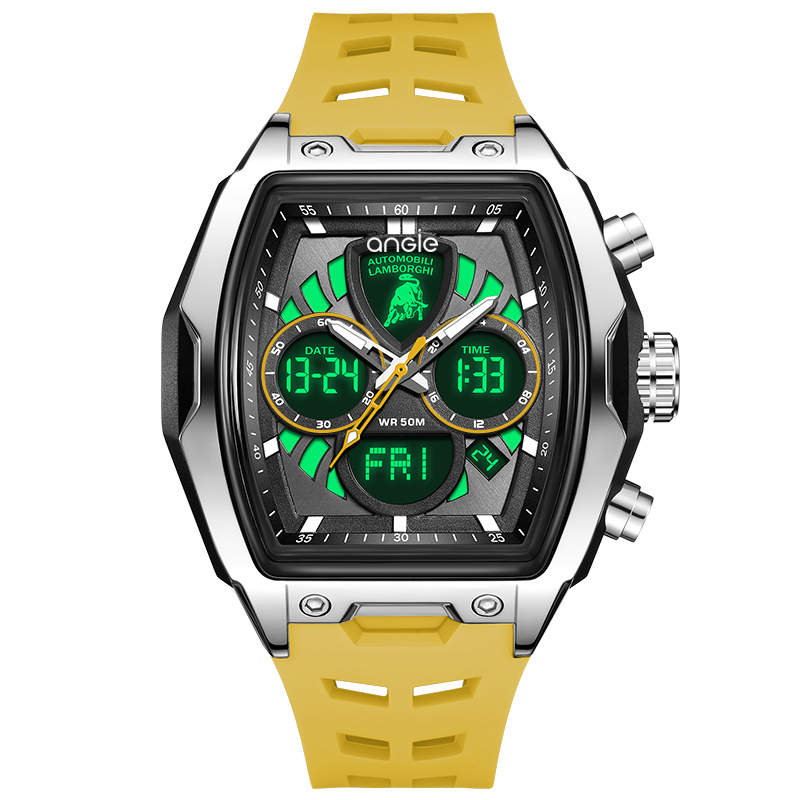 【Lamborghini 藍寶堅尼】 TMLA035系列 黃色 酒桶 雙顯 夜光 鬧鐘 星期 日期 石英 手錶