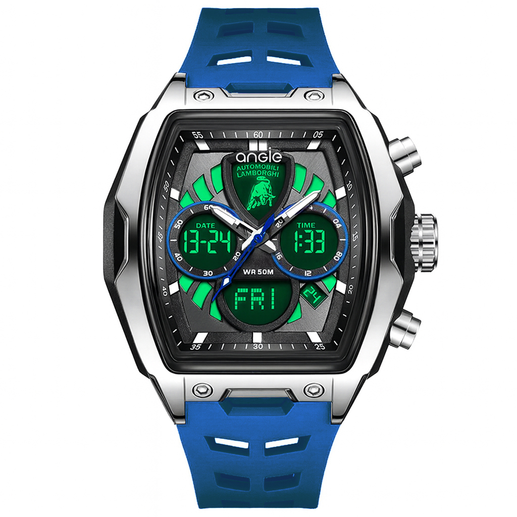 【Lamborghini 藍寶堅尼】 TMLA035系列 藍色 酒桶 雙顯 夜光 鬧鐘 星期 日期 石英 手錶