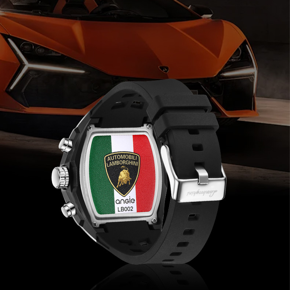【Lamborghini 藍寶堅尼】 TMLA035系列 黑色 酒桶 雙顯 夜光 鬧鐘 星期 日期 石英 手錶