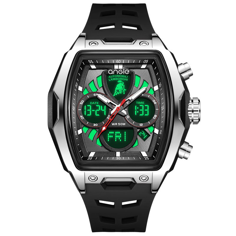 【Lamborghini 藍寶堅尼】 TMLA035系列 黑色 酒桶 雙顯 夜光 鬧鐘 星期 日期 石英 手錶