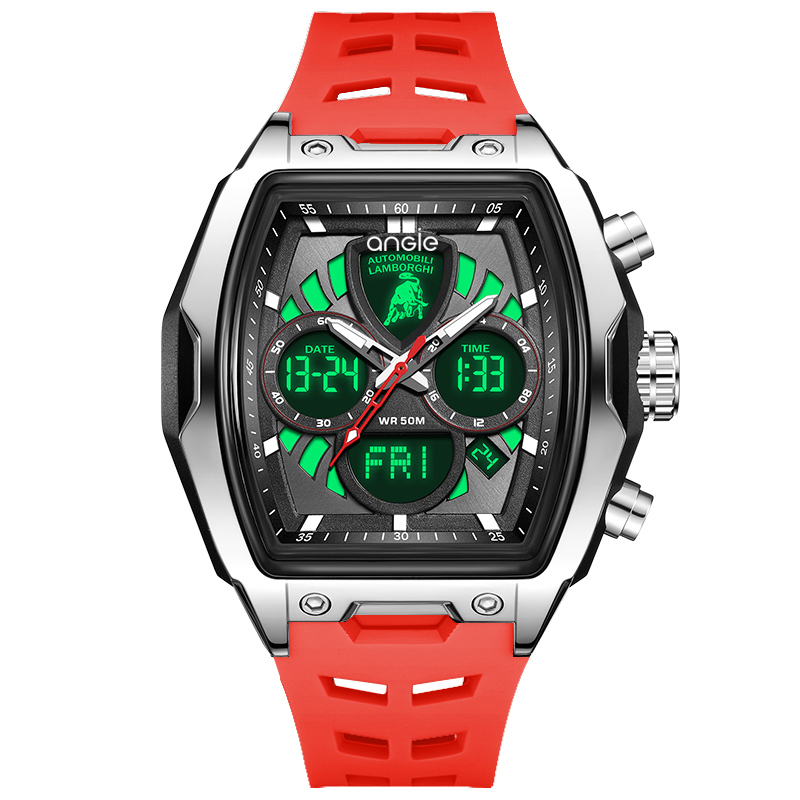 【Lamborghini 藍寶堅尼】 TMLA035系列 紅色 酒桶 雙顯 夜光 鬧鐘 星期 日期 石英 手錶