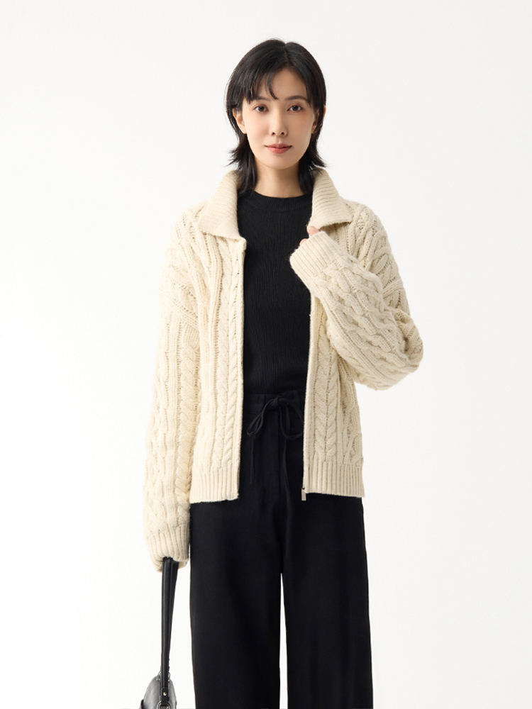 2603 翻領粗麻花針織外套