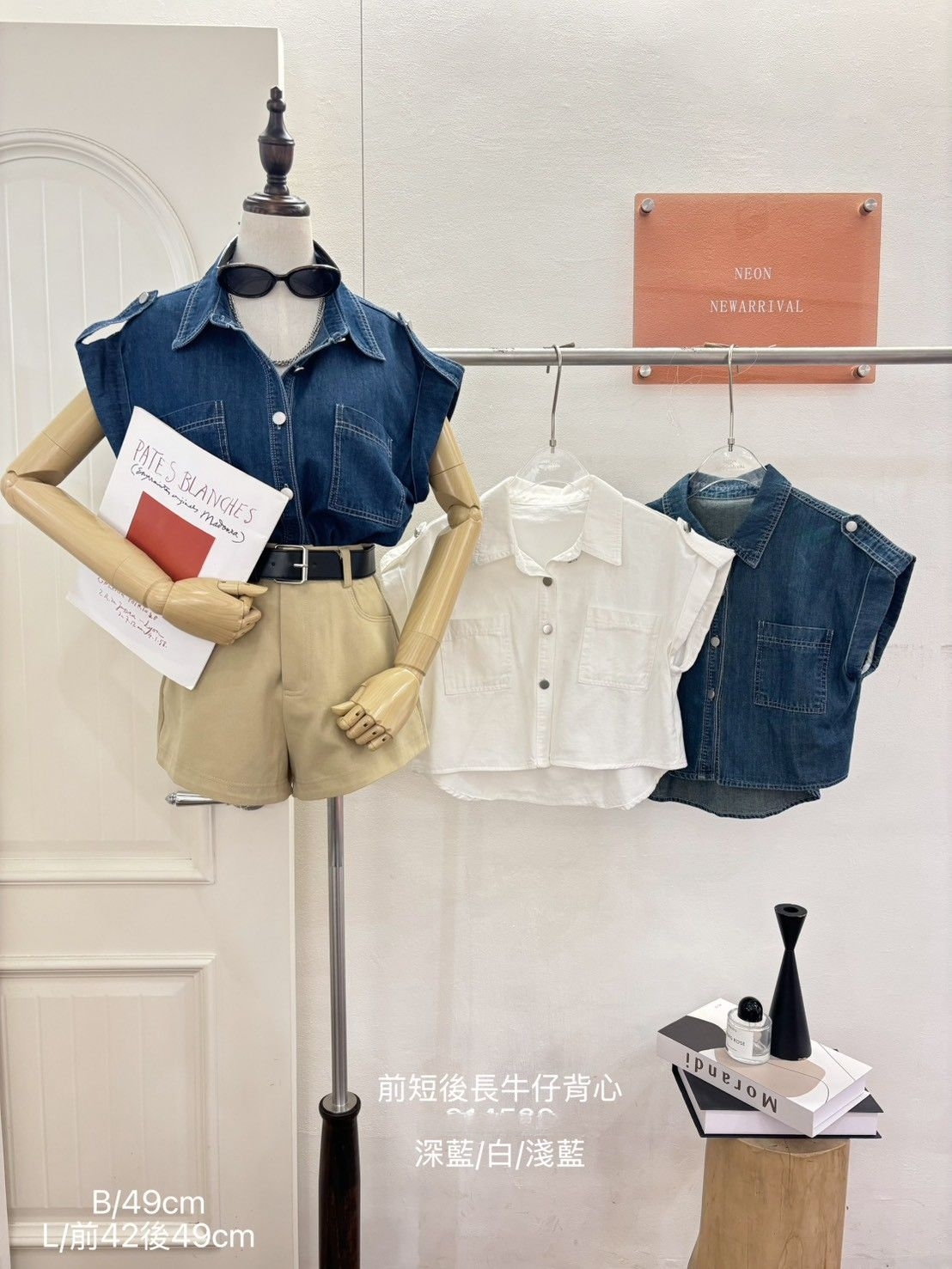 A3293-反摺袖牛仔口袋上衣