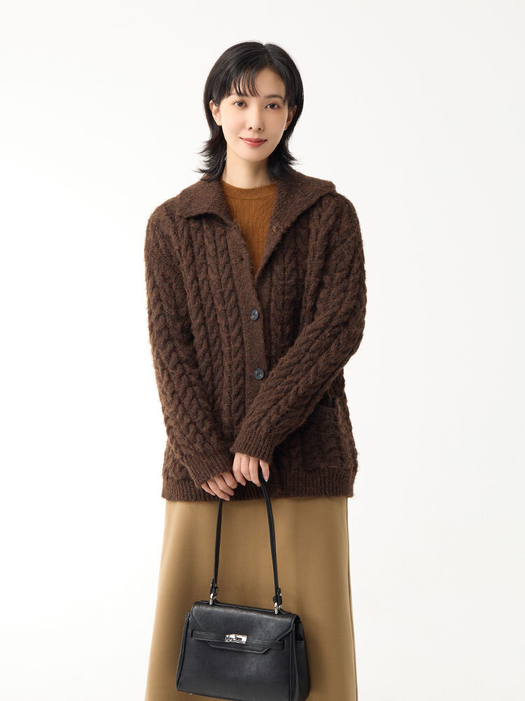 2603 高領麻花針織長外套（8%羊毛）