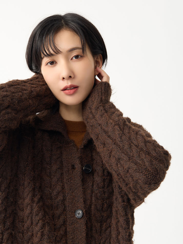 2603 高領麻花針織長外套（8%羊毛）