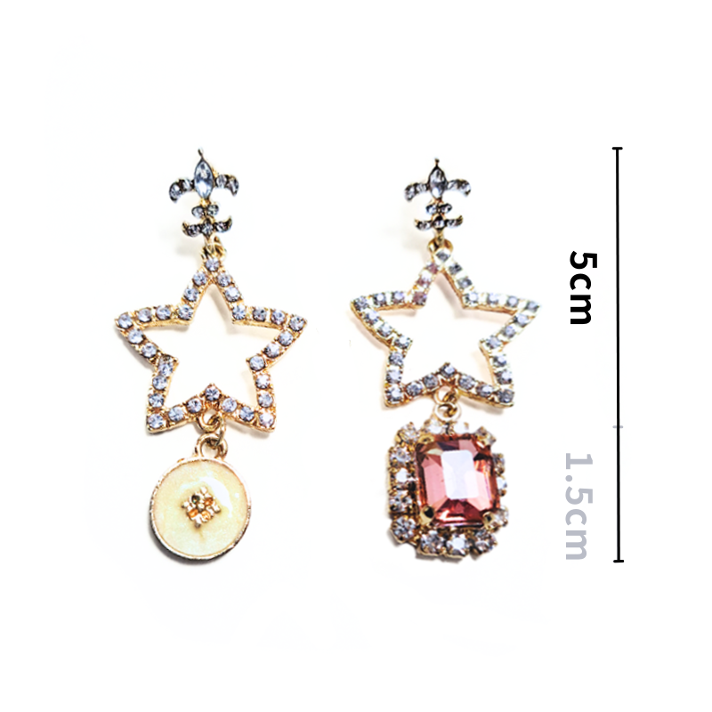 合金鋼針-不對稱 白鋯十字花下線鋯大星星框_單邊吊粉紅鋯