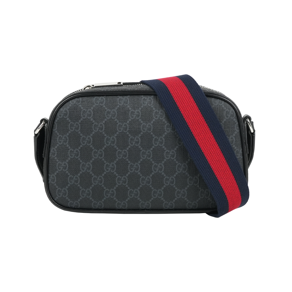 【GUCCI】GG Supreme 藍紅背帶拉鍊斜背包(黑灰色)
