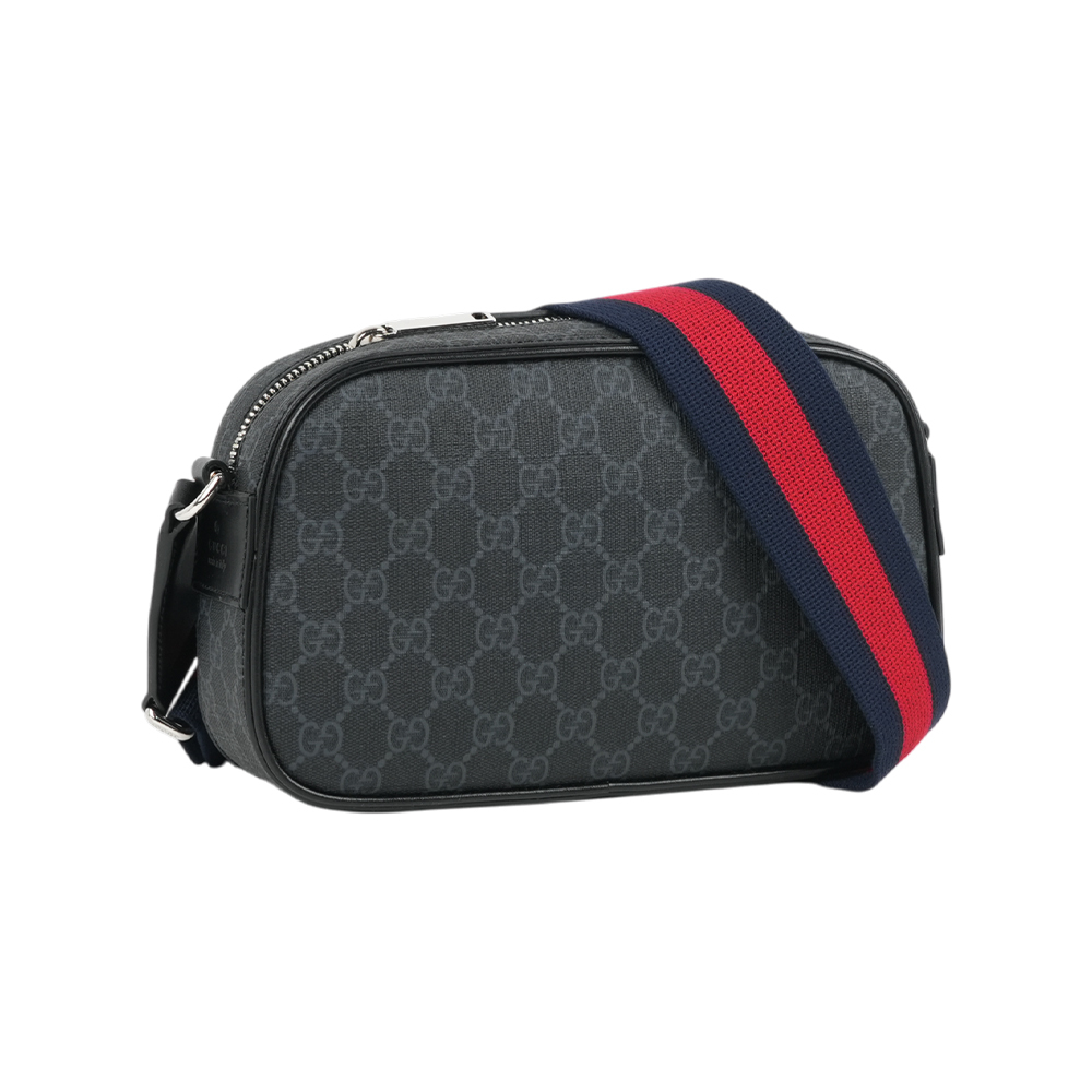 【GUCCI】GG Supreme 藍紅背帶拉鍊斜背包(黑灰色)