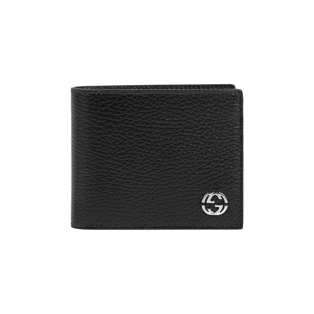 【GUCCI】金屬縫線雙G Logo 牛皮6卡短夾(黑色)