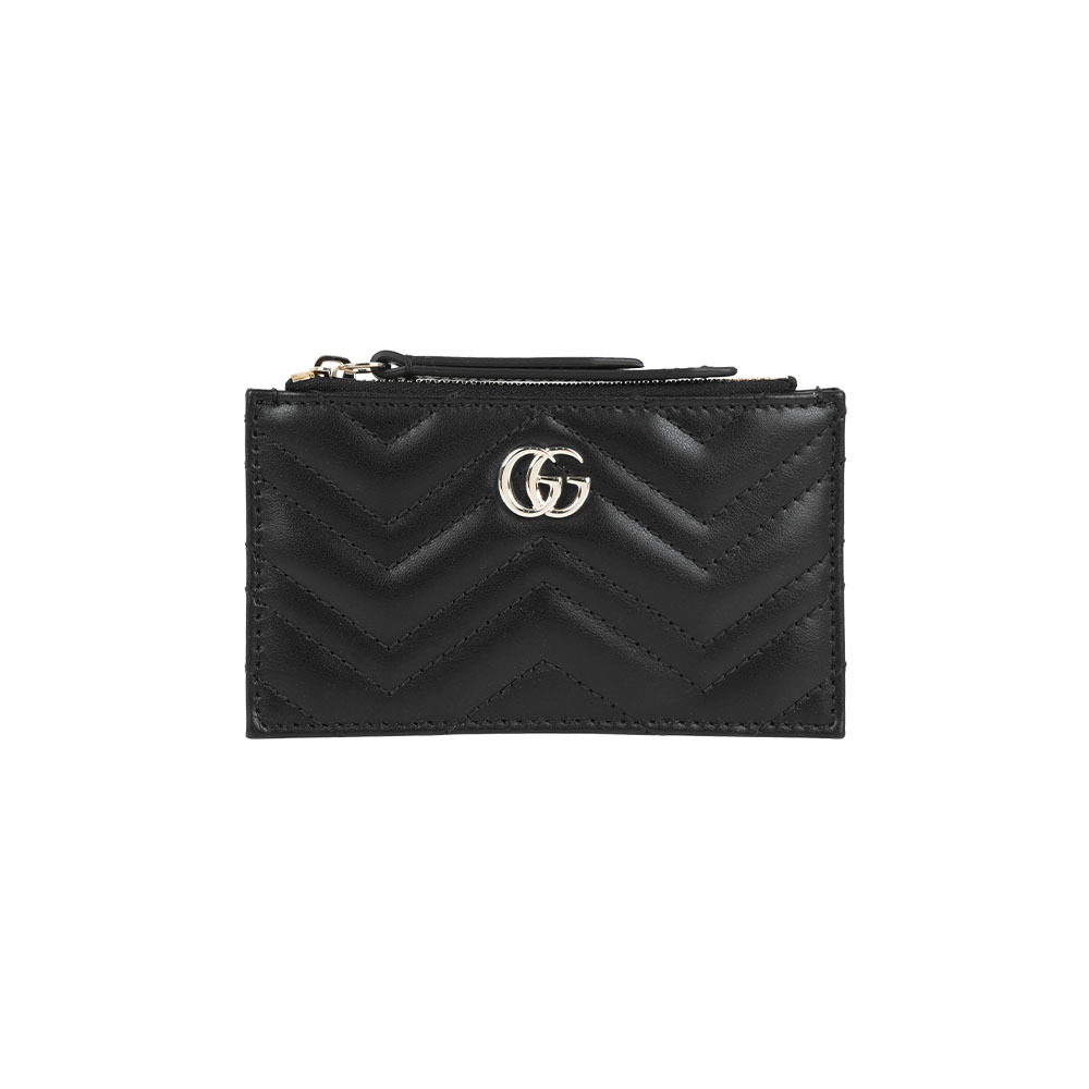 【GUCCI】金色GG Logo 縫線皮革拉鍊零錢包/鑰匙包(黑色)