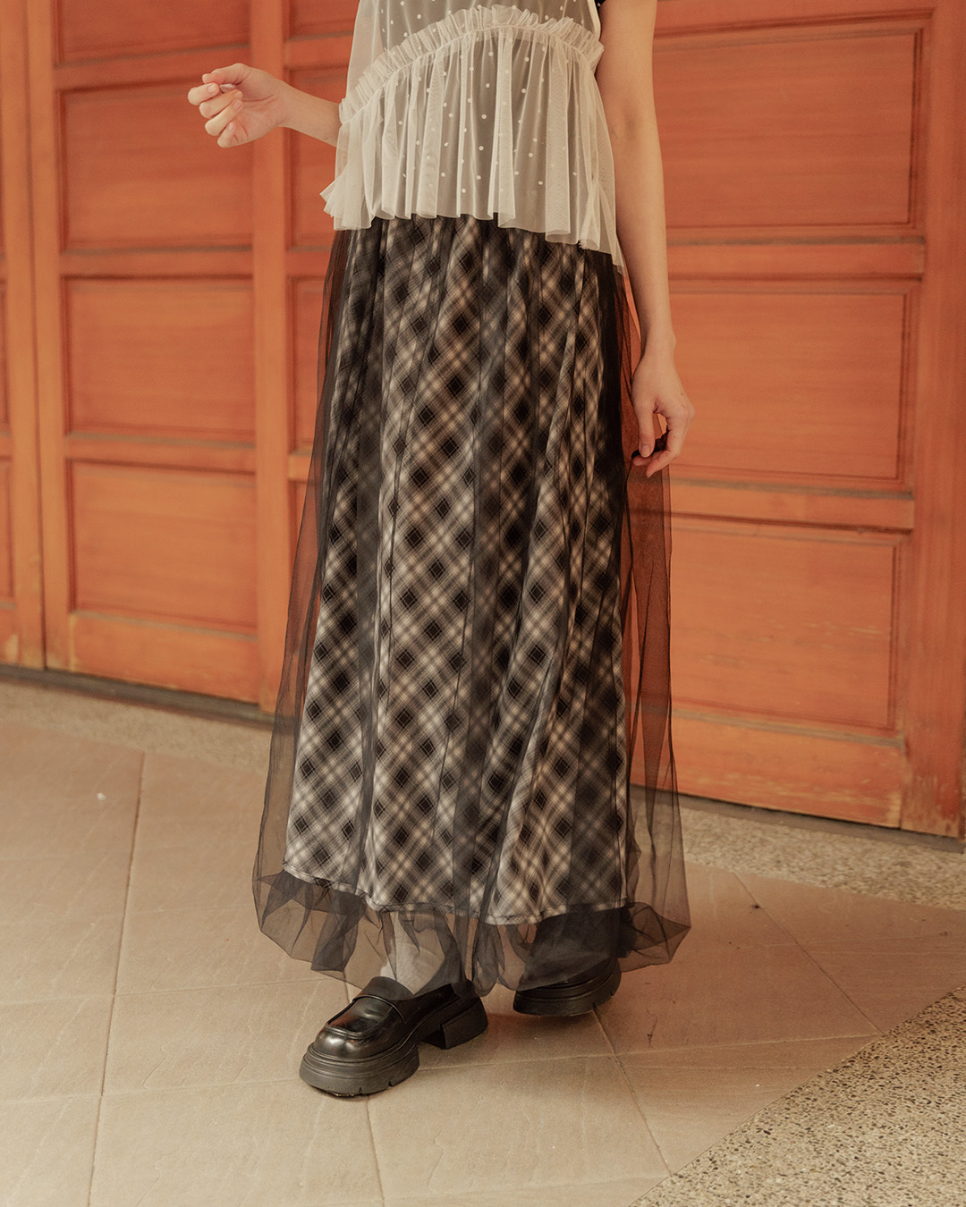 格网双层透纱气球长裙 两色售【03021729】现+预