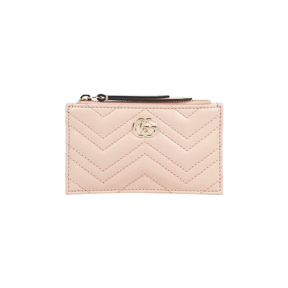 【GUCCI】金色GG Logo 縫線皮革拉鍊零錢包/鑰匙包(裸粉色)