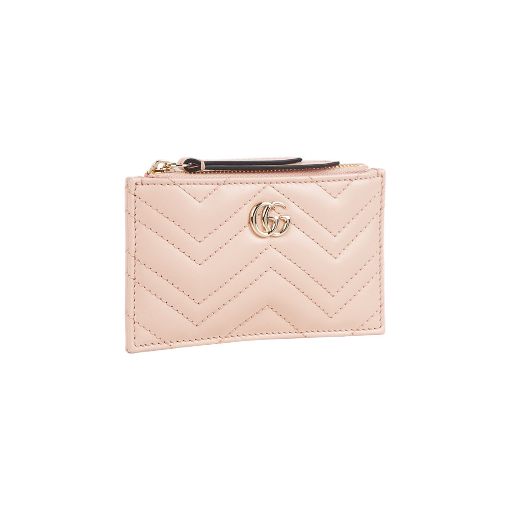 【GUCCI】金色GG Logo 縫線皮革拉鍊零錢包/鑰匙包(裸粉色)